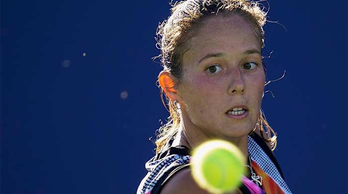 Daria Kasatkina, of Russia, prepares to hit a backhand to Shelby Rogers, of the United States, at the Mubadala Silicon Valley Classic tennis tournament in San Jose, Calif., Sunday, Aug. 7, 2022.